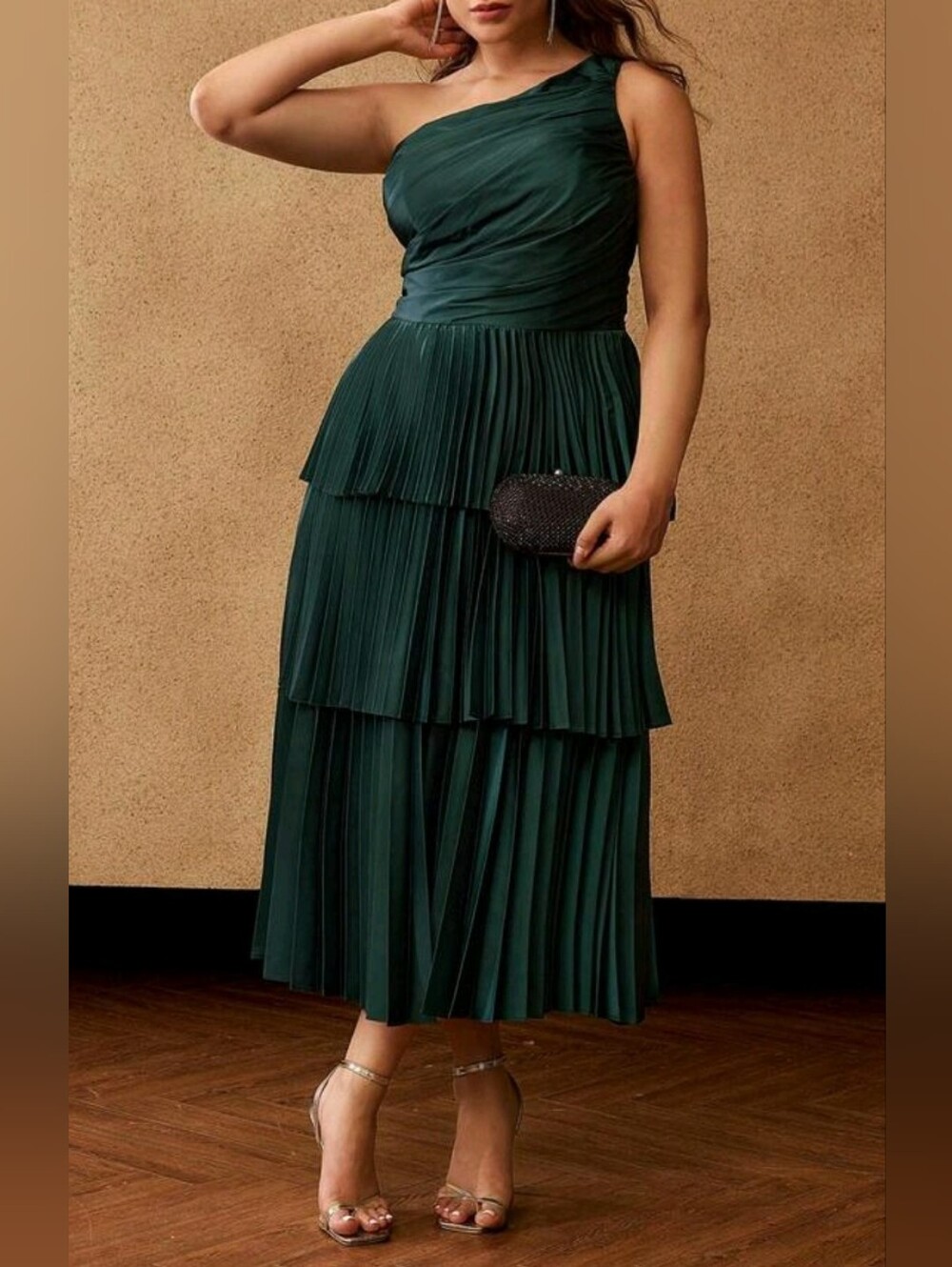 New Luxe Satin One Shoulder Midi Dress PLUS Pleated Tiered Dark Green